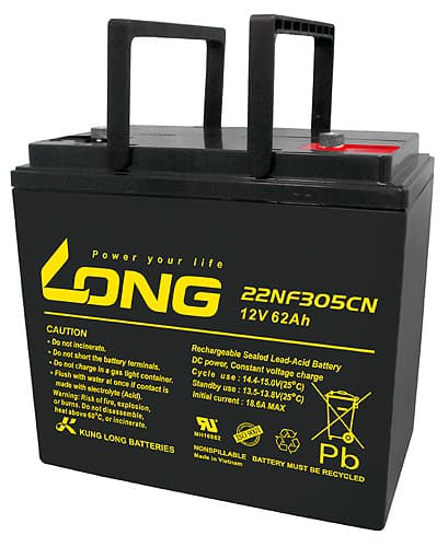 Batterie Kung Long 22NF305CN 12 Volts 62 Ah Dimensions 226 x 135 x 207 mm connexions à vis