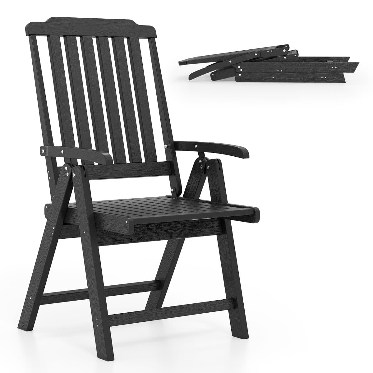 CostwayChaise de Patio Pliable Chaise en HDPE Résistante aux Intempéries avec Accoudoir Dossier Courbé Siège à Lattes Fauteuil Charge 150 kg Noir