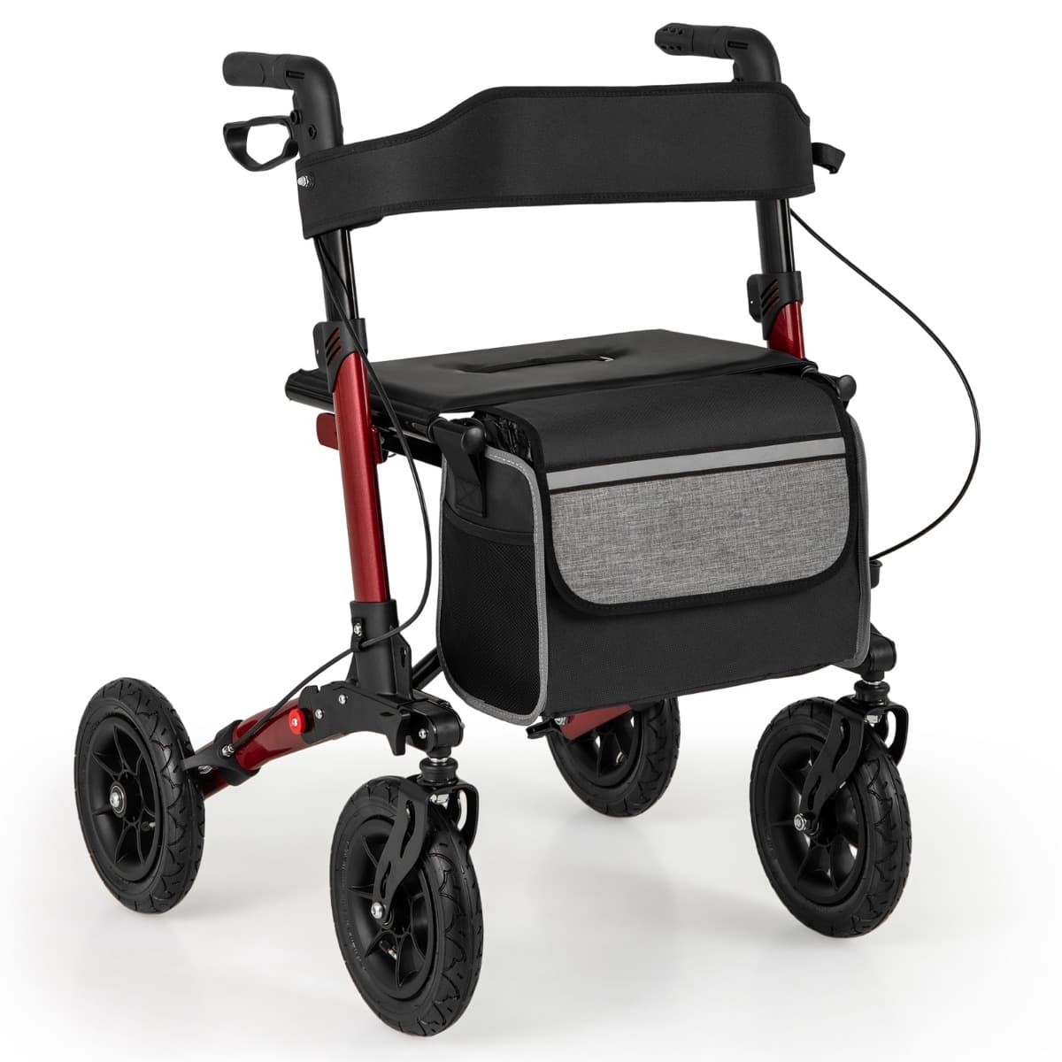 CostwayDéambulateur Pliable Tout-Terrain à 4 Roues avec Siège Rollator avec Pneus de 23 cm Hauteur Réglable Dossier Ergonomique Charge 140KG Rouge
