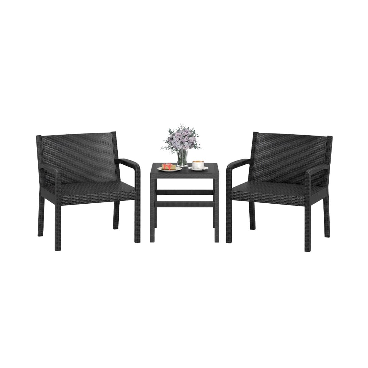 CostwayEnsemble de Meubles 3 Pièces de Patio en Rotin Charge 150KG Salon de Jardin Extérieur avec 2 Fauteuils Table d'Appoint Carrée Noir