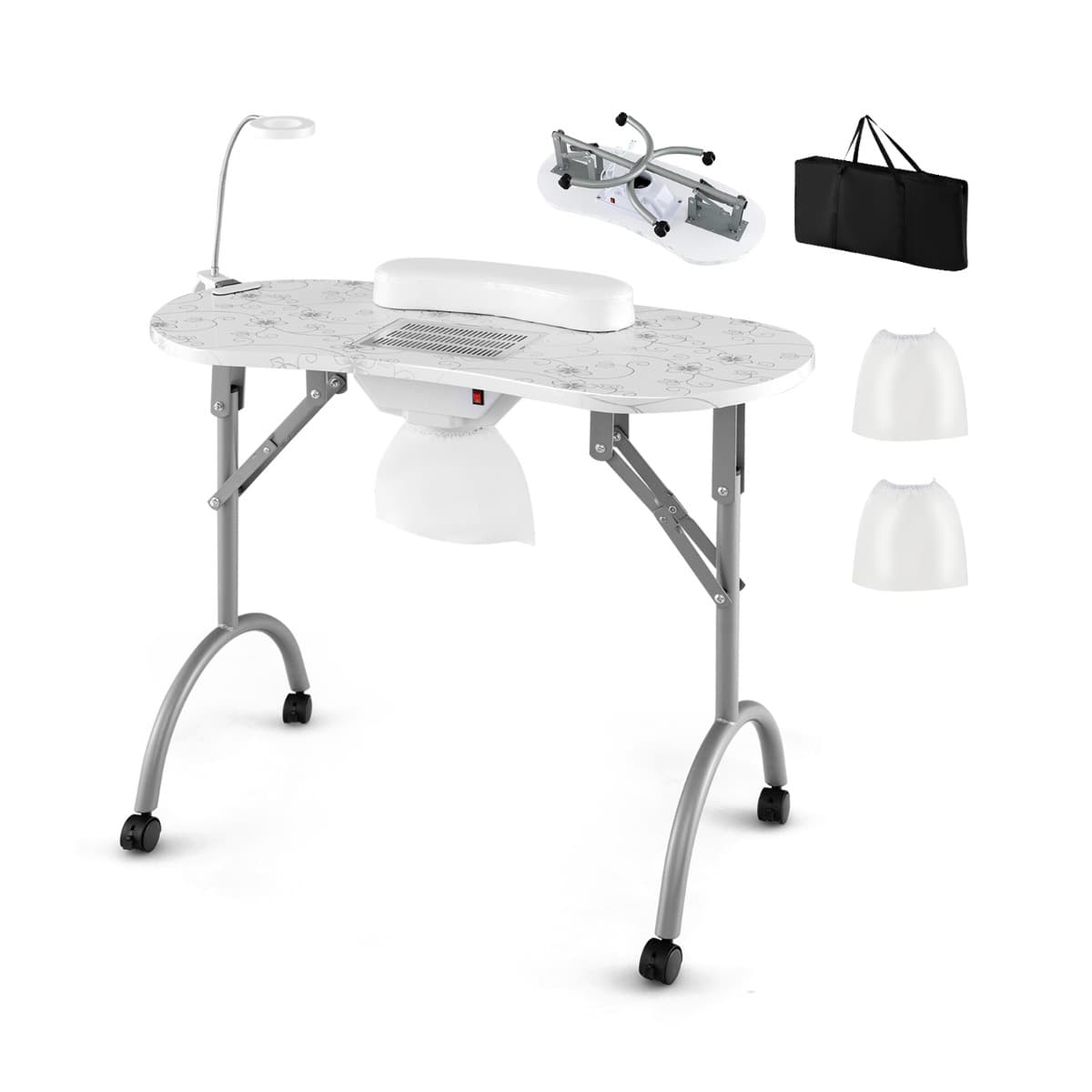 CostwayTable de Manucure Pliante avec Collecteur de Poussière Électrique Bureau d’Esthéticienne avec Lampe LED Flexible Coussin pour Poignet Blanc