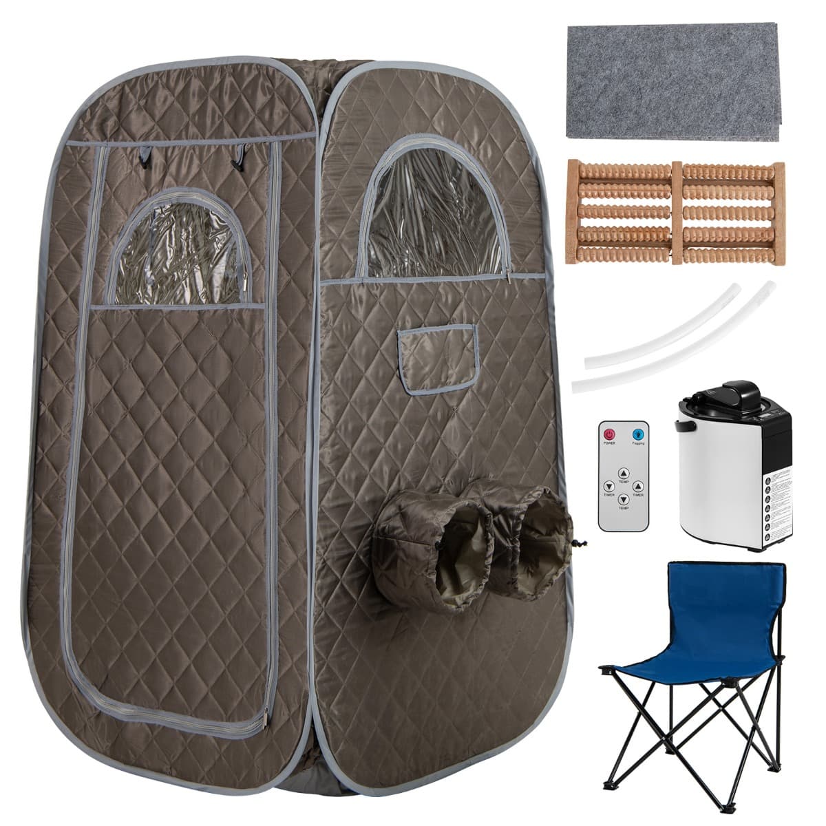 CostwaySauna à Vapeur Portable 3L 1 000W avec Chaise Pliable Tente de Sauna pour 1-2 Personnes avec 9 Niveaux Température Masseur de Pieds Gris