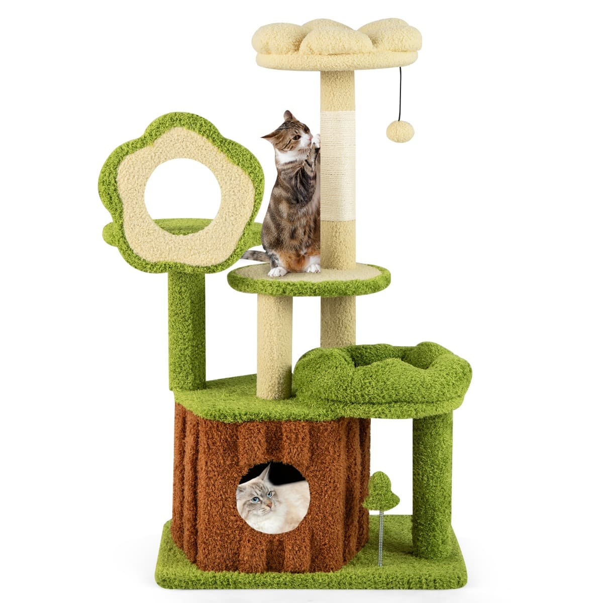 CostwayArbre à Chat pour Chats Tour Multi-niveaux avec Condo Tronc Perchoir Fleur Lit Douillet en Peluche Pompon Jouet à Ressort Vert