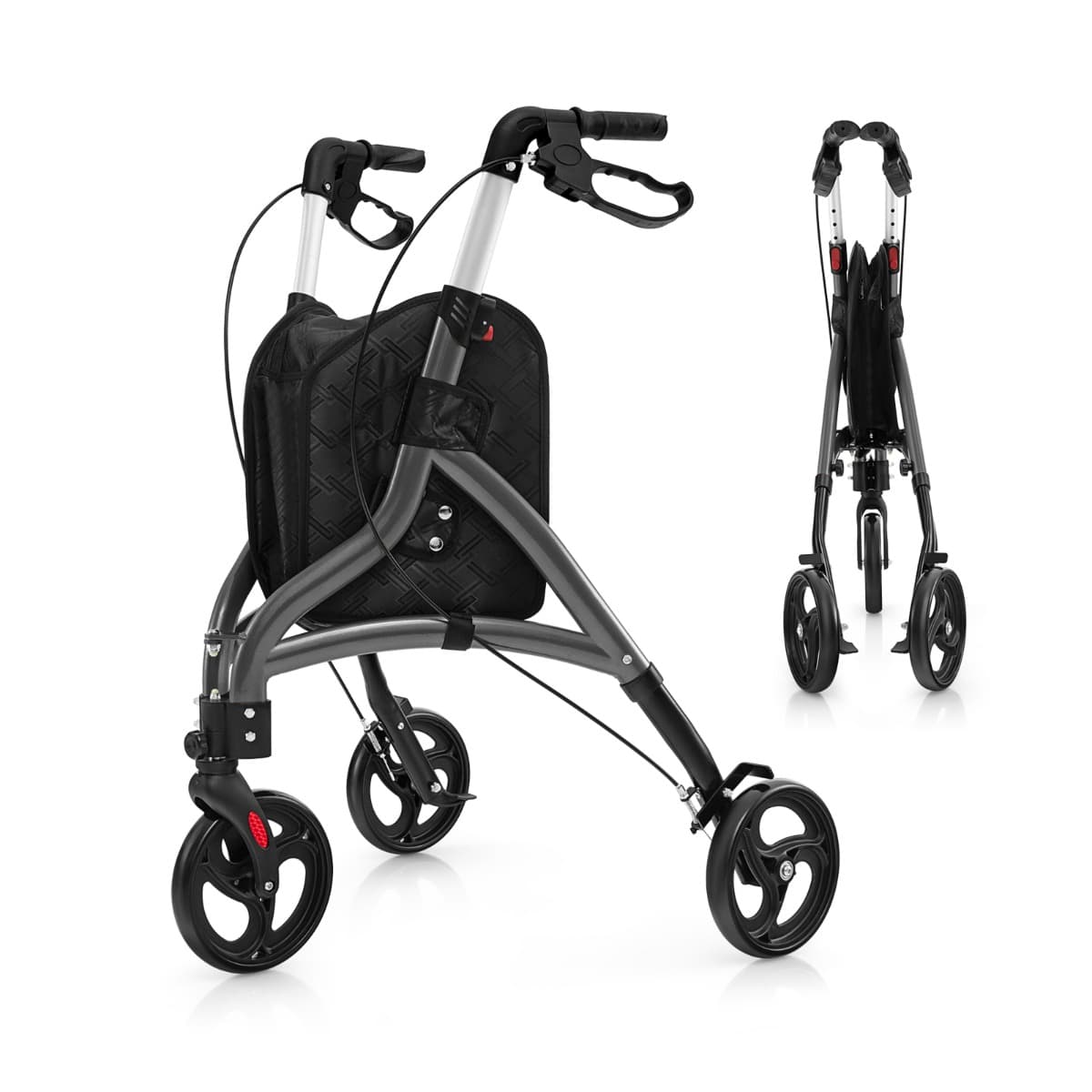 CostwayDéambulateur à 3 Roues de 20CM pour Seniors avec Cadre en Aluminium Léger Hauteur Réglable et Panier de Rangement Déambulateur Pliable Gris