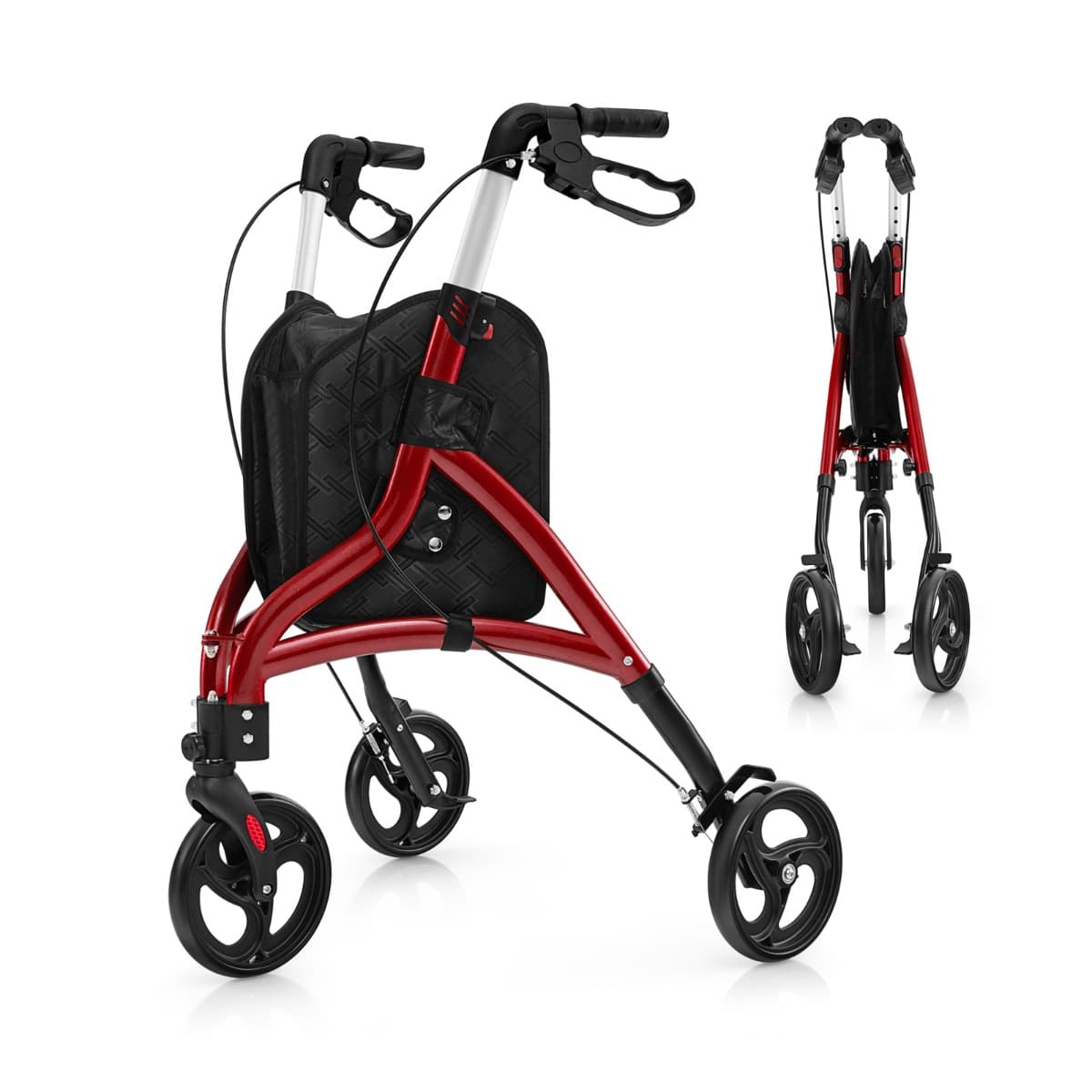 CostwayDéambulateur à 3 Roues de 20CM pour Seniors avec Cadre en Aluminium Léger Hauteur Réglable et Panier de Rangement Déambulateur Pliable Rouge